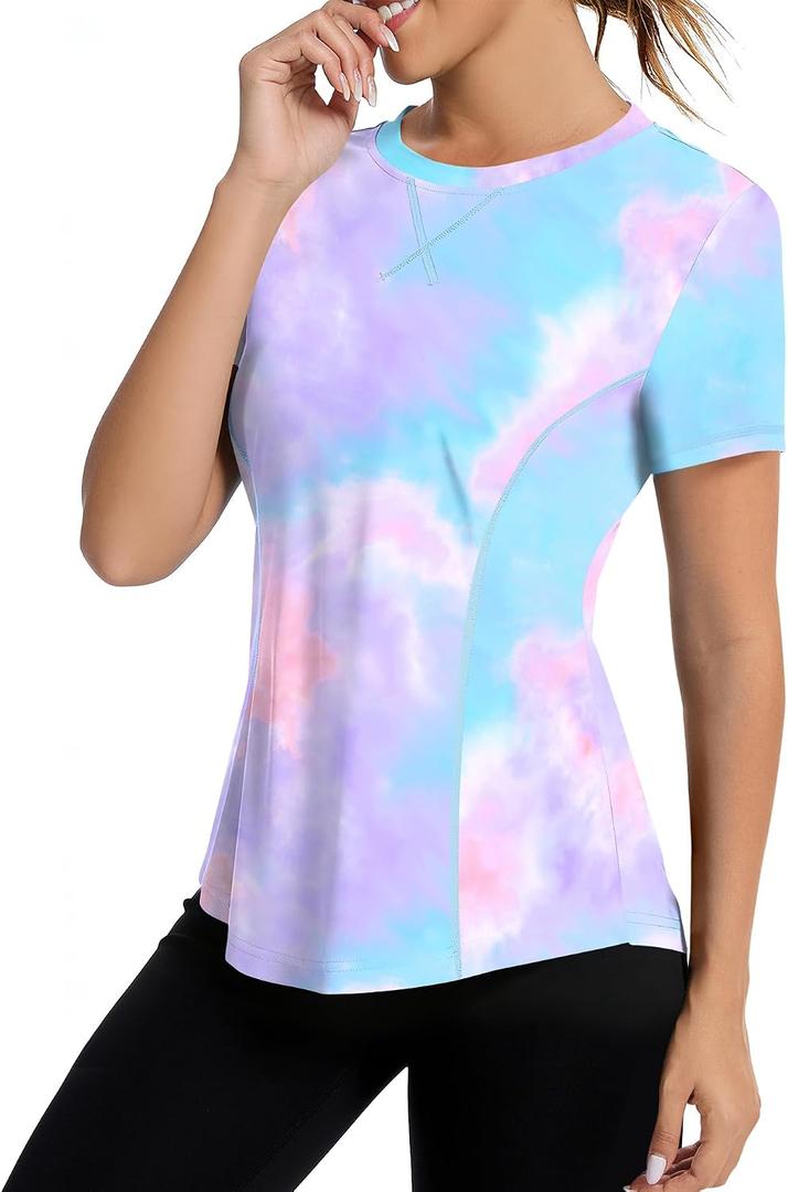 AVOOGUE Women's Short Sleeve Workout Tops Quick Dry Athletic UPF50+ Sun Protection Shirts Gym Hiking Running Yoga Clothes (Blue, XL)