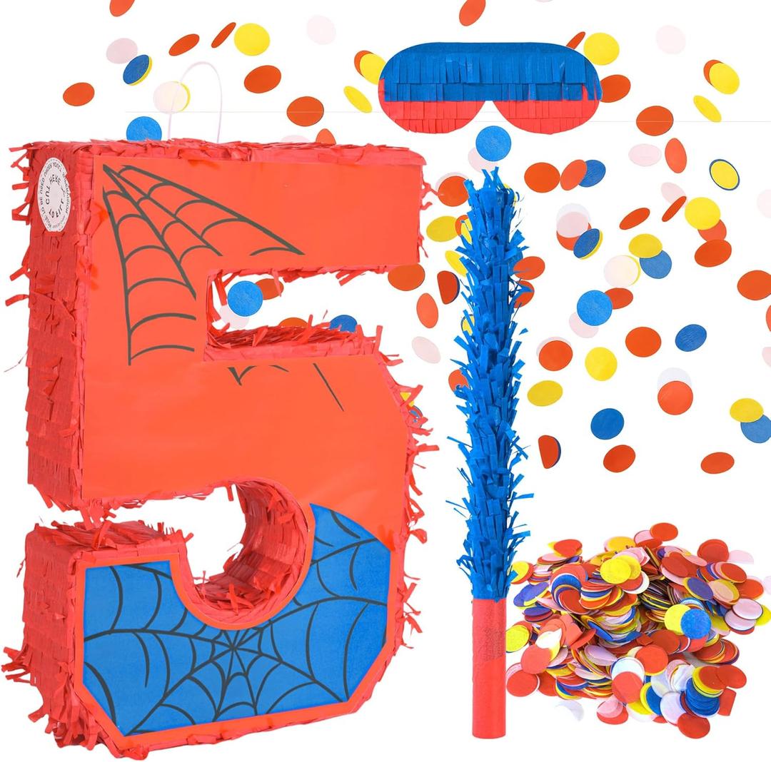 Number 5 Birthday Pinata for Kids, Spider Theme Pinata 16 Inch with Stick, Blindfold & Confetti, Superhero Party Decorations for Boys and Girls (5th)