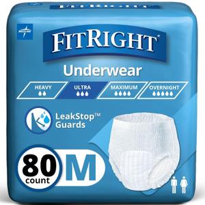 FitRight Ultra Unisex Adult Protective Underwear, Medium Size for Waist 28-40 Inches, Heavy Absorbency, Dependable Incontinence Protection, 80 Count (4 Packs of 20)