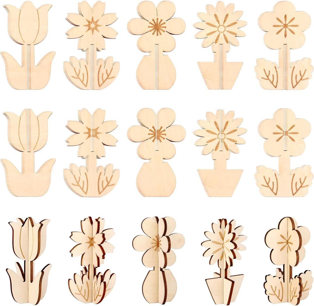 30 Pcs DIY Wooden Floral 3D Spring and Fall Flowers for Crafts Unfinished Wooden Cutouts Painting Crafts Group Ornaments for Adults Funny Ornaments for Painting Decorations (Flowers)