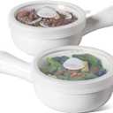 LE TAUCI Soup Bowls with Handles and Silicone Lids, 15 Oz French Onion Soup Bowls, Non-Toxic Ceramic Soup Crocks for Noodles, Stew, Cereal and Chilli, Oven Microwave Dishwasher Safe, Set of 2, White