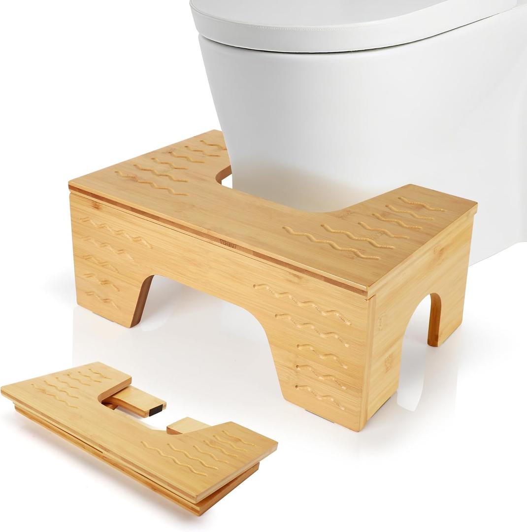 Foldable Toilet Stool Squat, 7" & 9" Adjustable Heights Bamboo Flip Poop Stool for Adults and Kids with Non-Slip Layer - Improve Bathroom Posture and Comfort, No Assembly Required,Natural