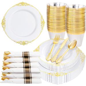 Nervure 175PCS Gold Plastic Plates - Disposable White Gold Party Plates & Pre Rolled Napkins with Cutlery for 25 Guests, 50Plates, 75Silverware, 25Cups, 25Napkin for Wedding & Party & Independence Day