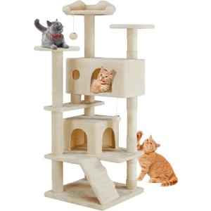 DUMOS 54-inch Indoor Cat Tree Tower Multi-Level Pet House for Large Cats with 2 Condos, Scratching Posts, Round Platform, Small Ladder, and Toys, Beige