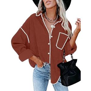 ZESICA Womens Corduroy Shacket Jacket Long Sleeve Button Down Shirt Oversized Blouses Tops with Pockets size M