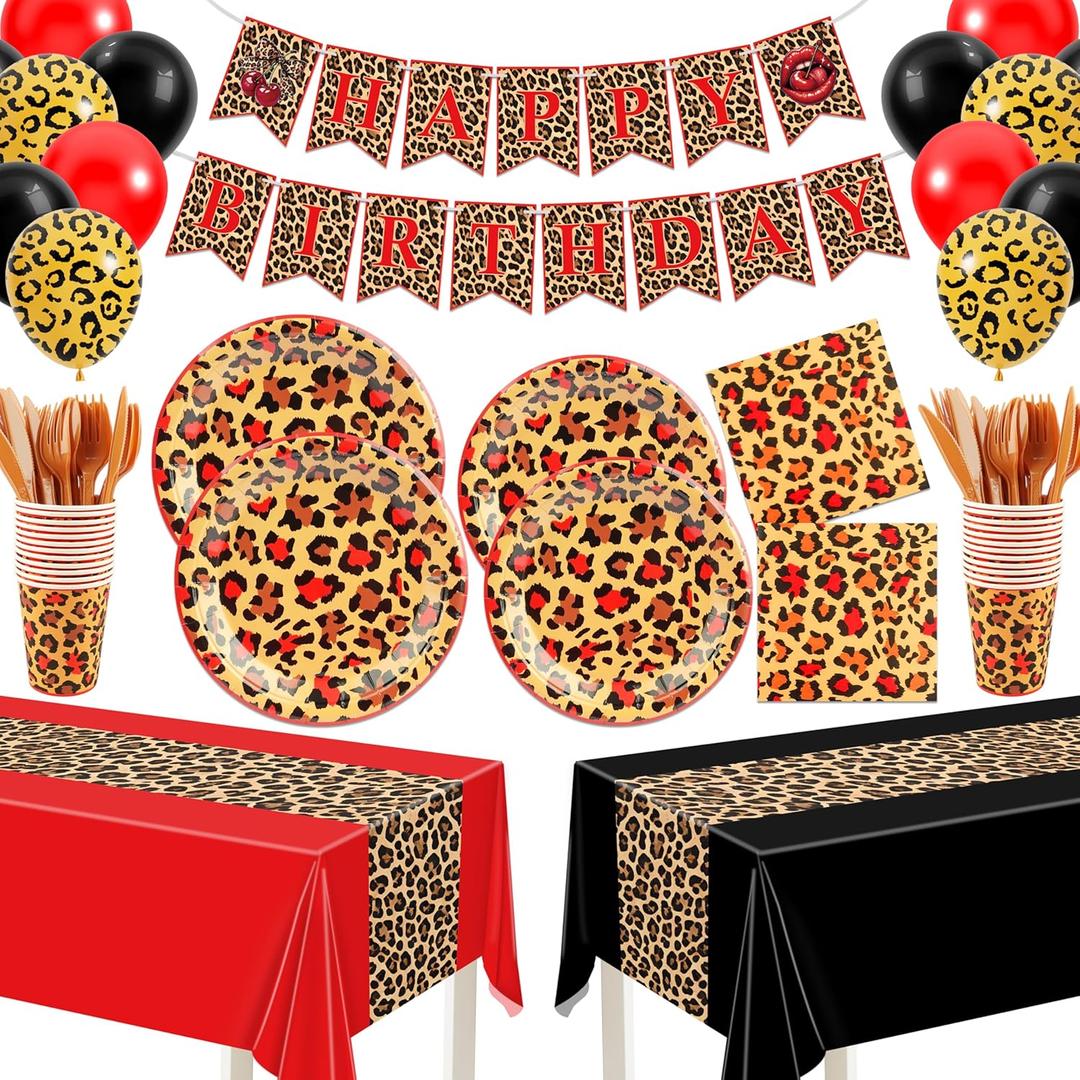 THAWAY 210Pcs Cheetah Print Birthday Decorations, Leopard Birthday Decorations Includes Cheetah and Cherry Print Balloons, Tableware, Banner Red and Black Party Decorations for 24 Guests