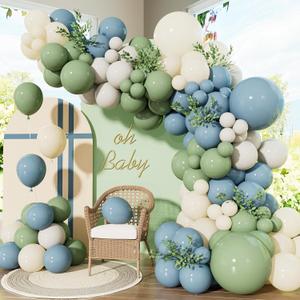 Dusty Blue Sage Green Balloon Arch Kit - Sage Green and White Balloons Dusty Blue Latex Balloon Sand WhiteParty Balloons for Baby Shower Birthday Wedding Jungle Safari Party Decorations, 143Pcs
