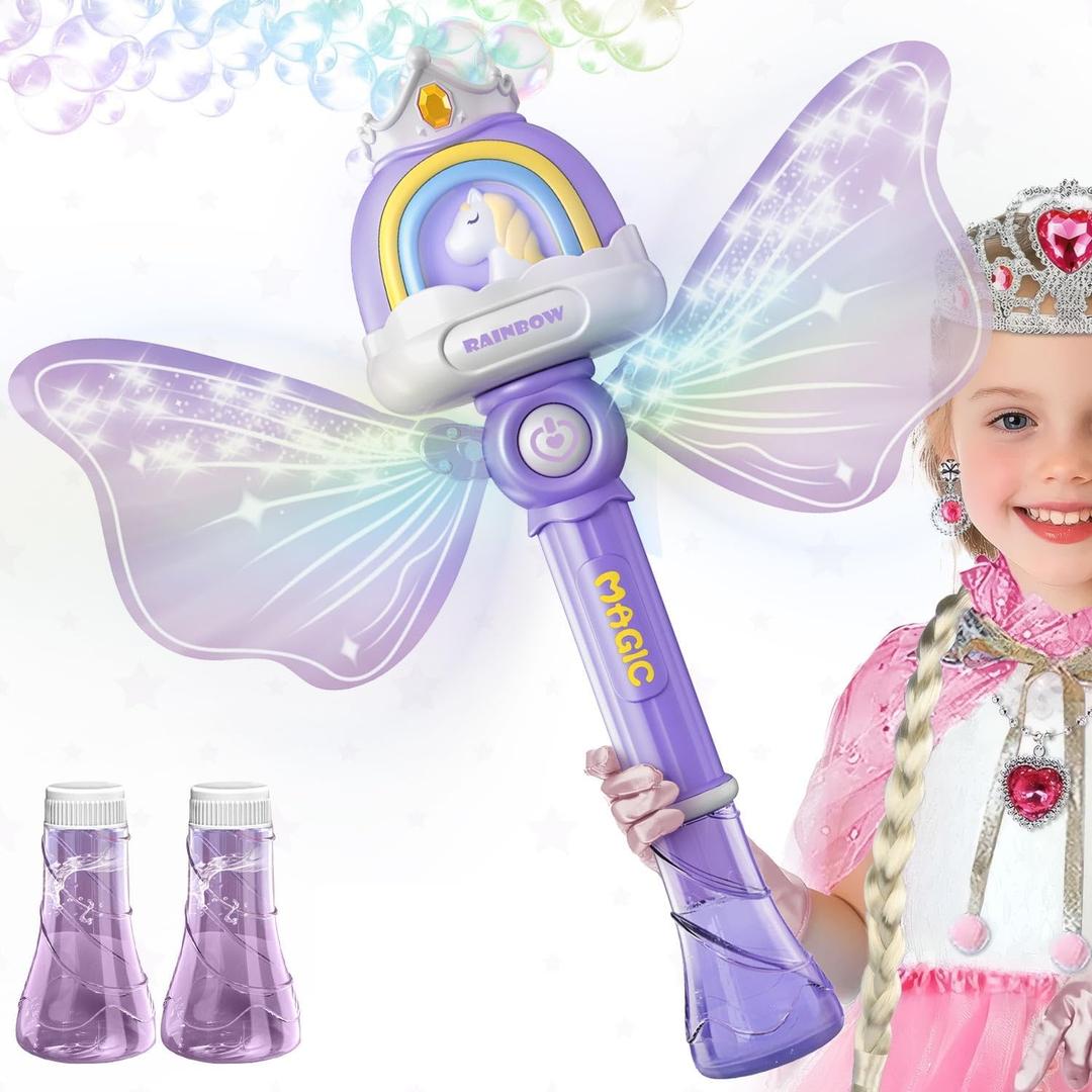 Bubble Wands for Girls Kids, Bubble Machine LED Light Princess Toys with 4 AA Batteries & 2 Solutions, Girl Stuff Outdoor Party Toys for Toddlers, Birthday Gift for 3 4 5 6 7 8 Year Old Girls (Purple)