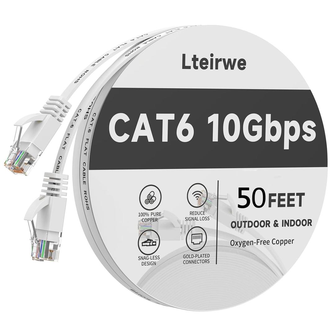 CAT6 Ethernet Cable 50FT High Speed Flat 500MHz Bandwidth Transmission Speed 10Gbps Faster Than Cat 5e/CAT5.Widely Used in Computers.laptops and Other Devices White-50Foot