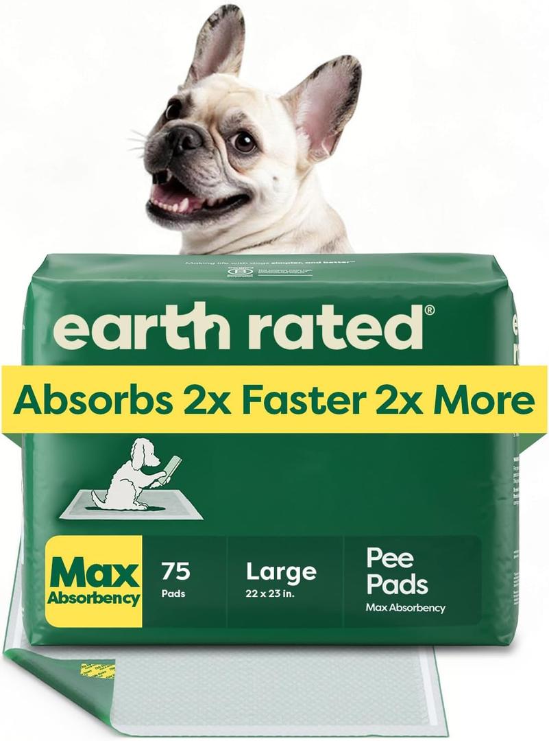 Earth Rated Puppy Pads, Max Absorbency Pee Pads for Dogs, Absorbs 2X Faster & 2X More, Leak Prevention, Potty Training, Fragrance-Free, Unscented, Regular [L], 22 x 23, 75 Count