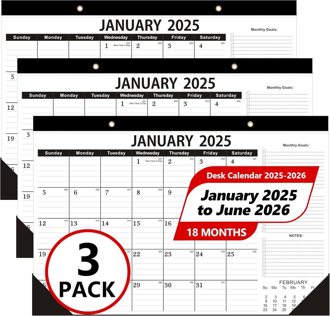 Desk Calendar 2025-2026,January 2025-June 2026,Calendar 2025-2026 with First Layer PVC,18 Months 2025 Desk Calendar as Teacher Desk Calendar 2025,Classroom Calendar or Office Desk Calendar(3 PACK)