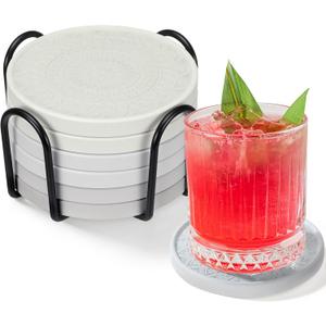 Photect Diatomaceous Earth Coasters Set with Holder Absorbent Stone Drink Coasters Instant Drying Tray for Tabletop Protection Home Decoration Housewarming Gift (Bindigo,6 Pcs)
