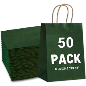 Gift Bags 8.25"x5.9 "x3.15" 50Pcs Paper Bags with Handles,kraft paper Bags for Small Business Christmas Bulk, Wedding, Party Favor, Shopping, Lunch, Halloween Trick-or-Treat (Green)