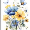 HVEST Blue and Yellow Floral Wall Art Watercolor Flower Butterfly Aesthetic Plant Bathroom Wall Decor, Rustic Wildflower Wall Art for Living Room Bedroom Kitchen Home Office, 20L x 16W Inches