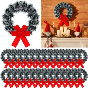24 Pack 9.5 Inch Christmas Tinsel Wreath with Red Velvet Bow Cabinet Bows Chair Wreaths for Windows Kitchen Home Decoration Holiday Crafting