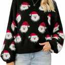 Gihuo Women's Ugly Christmas Sweater Cute Santa Funny Xmas Holiday Knitted Pullover Crewneck Sweater Tops (Large, Black)