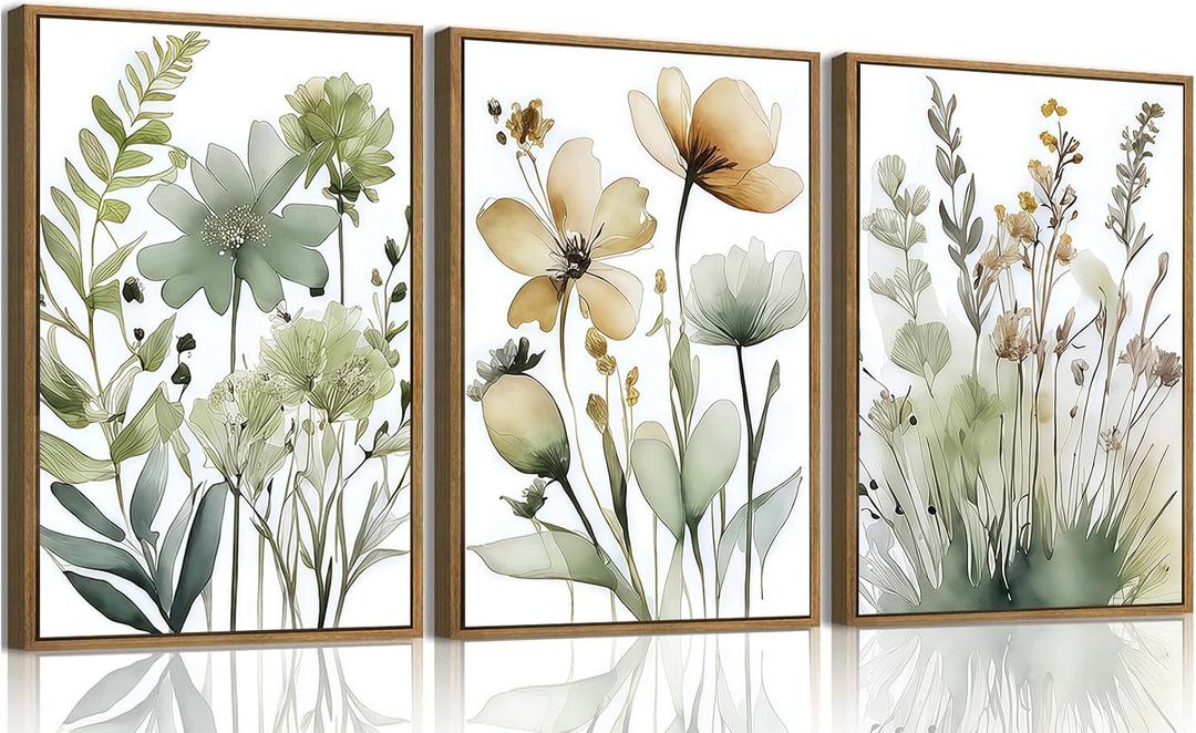 SongZest 3 Piece Green Botanical Framed Wall Art Boho Floral Canvas Art Prints Neutral Flower Pictures Wall Decor Minimalist Nature Paintings Artwork for Bedroom Bathroom Living Room 16x24in, 16x24 Natural