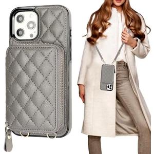 Bocasal Crossbody Wallet Case for iPhone 12 Pro Max, RFID Blocking PU Leather Zipper Handbag Purse Flip Cover, Kickstand Folio Case with Card Slots Holder Wrist Strap Lanyard 5G 6.7 Inch (Grey)