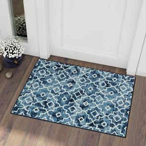 Wonnitar Moroccan Washable Area Rug - Small 2x3 Entryway Rug Poster Blue Non-Slip Kitchen Sink Mat Modern Geometric Trellis Throw Rug Floor Carpet for Bathroom Entrance Laundry (Post Blue,2'x3') (2' x 3')