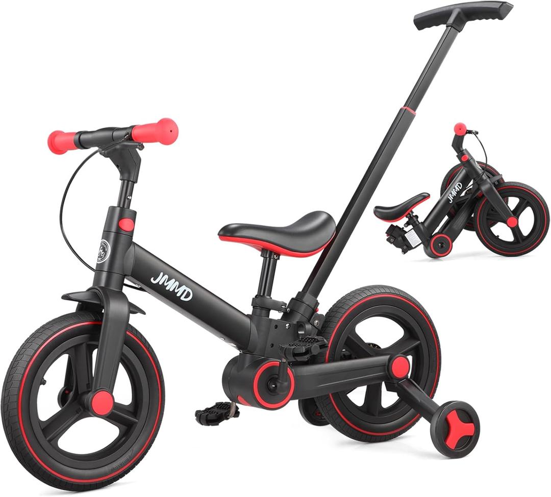 JMMD Toddler Bike with Push Handle for Kids 18-60 Months, 6 in 1 Foldable Push Bike with Training Wheels, Pedals, Brakes, Kickstand, Kid Balance Bike Gift & Toys for Boy & Girl (Large, Black)