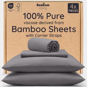 Bambaw 100% Viscose Derived from Bamboo Queen Sheet Set  4pcs Soft Bedding Set, Deep Pocket Queen Cooling Sheets Fits Up to 16'' with Elastic Corner Straps (Dark Gray)
