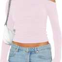 Women's Sexy Off Shoulder Long Sleeve Tops Slim Fit Asymmetrical Neck Crop Tops Ruched Going Out T Shirt 2024 Trendy (Medium, Pink)