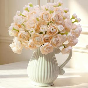 LzLzLflor 32Pcs Champagne Ranunculus Artificial Flowers DIY Home Wedding | Real Touch Ranunculus, Faux Flowers, 32pcs Bulk, Ivory White, Peony Look, Bouquets, Home Decor, Bridal Shower, Centerpieces