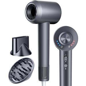 Hair Dryer with Diffuser, Blow Dryer with 160000 RPM Brushless Motor & Negative Ions for Fast Drying, Advanced Heat Control to Prevent Damage, Low-Noise Design, Self-Clean, Gray
