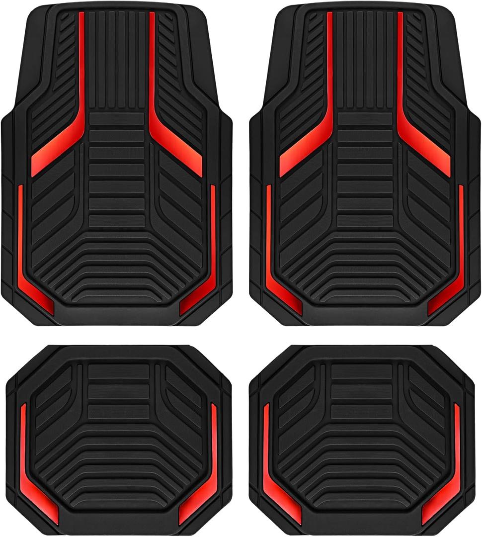 PIC AUTO Heavy Duty Rubber Floor Mats, Red Aluminum Film Car Mats Set, Front and Rear Car Mats with Anti-Slip Backing, All Weather Protection, Trim-to-Fit for Automotive SUV, Sedan, Van