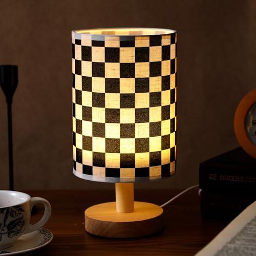 Baquler Bedside Lamp for Bedroom Black White Checkered Table Lamp with USB Racing Birthday Party Gifts Wood Base Round Flaxen Fabric Shade for Desk Living Room Office Classroom