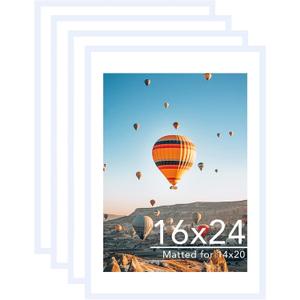 JCJMY 16x24 Picture Frame with Mat for Poster Photo and 40x60 cm Canvas, Display 14x20 with Mat or 16 x 24 without, Wood 16 by 24 Wall Gallery Poster Photo Frame, 4 Pack, White