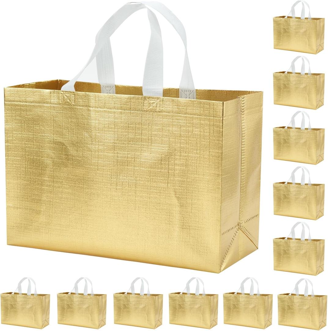 12 PCS 15.5x4.7x11 Inches Gold Extra Large Reusable Gift Bags With Handles - XL Goodie, Birthday, Party Favor Bags