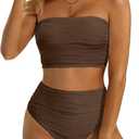 High Waisted Bandeau Bikini Set - Women Strapless Two Piece Swimsuits Ribbed Longline Full Coverage Bathing Suits Swimwear , L Brown