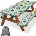 Camping Picnic Table Cover with Bench Covers and Bag, Camping Essentials, Waterproof Windproof Fabric, Fitted Tablecloth Cover with Elastic Edge, for Indoor & Outdoor, Garden, 3 PCS, 30x60 Inch