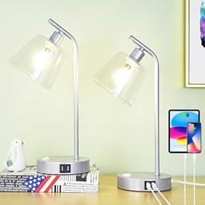 Lampwell Lucia Silver Glass USB Table Lamp with USB Port Set of 2, Modern Bedside Night Table Lamp for Living Room Bedroom, 8.27×5.51×H15.75IN, Bulb Include