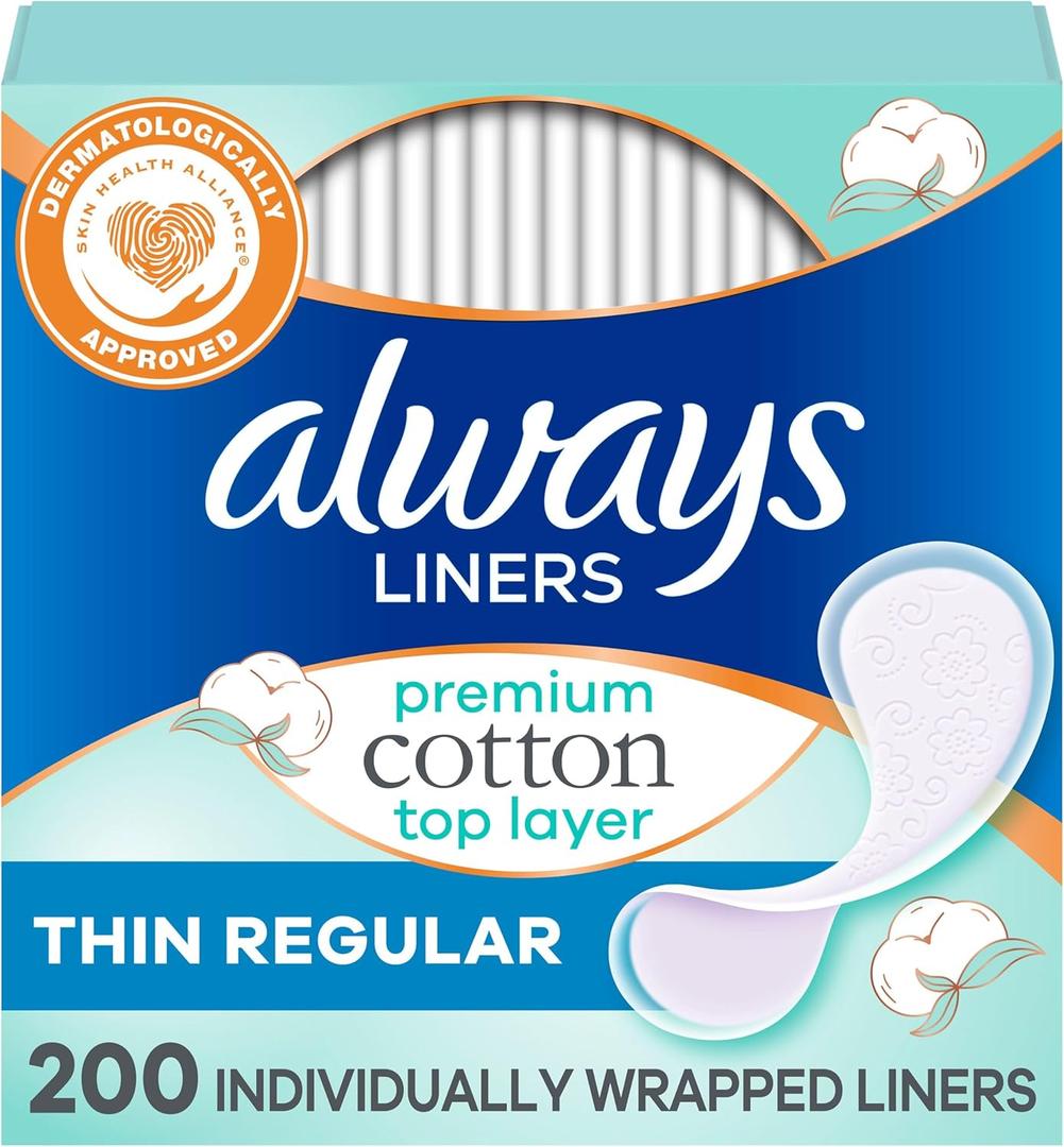 Always Premium Cotton Panty Liners for Women, Individually Wrapped Pantiliners, Unscented, Fragrance Free, Made with a Premium Cotton Top Layer, Regular Absorbency, 200 Count