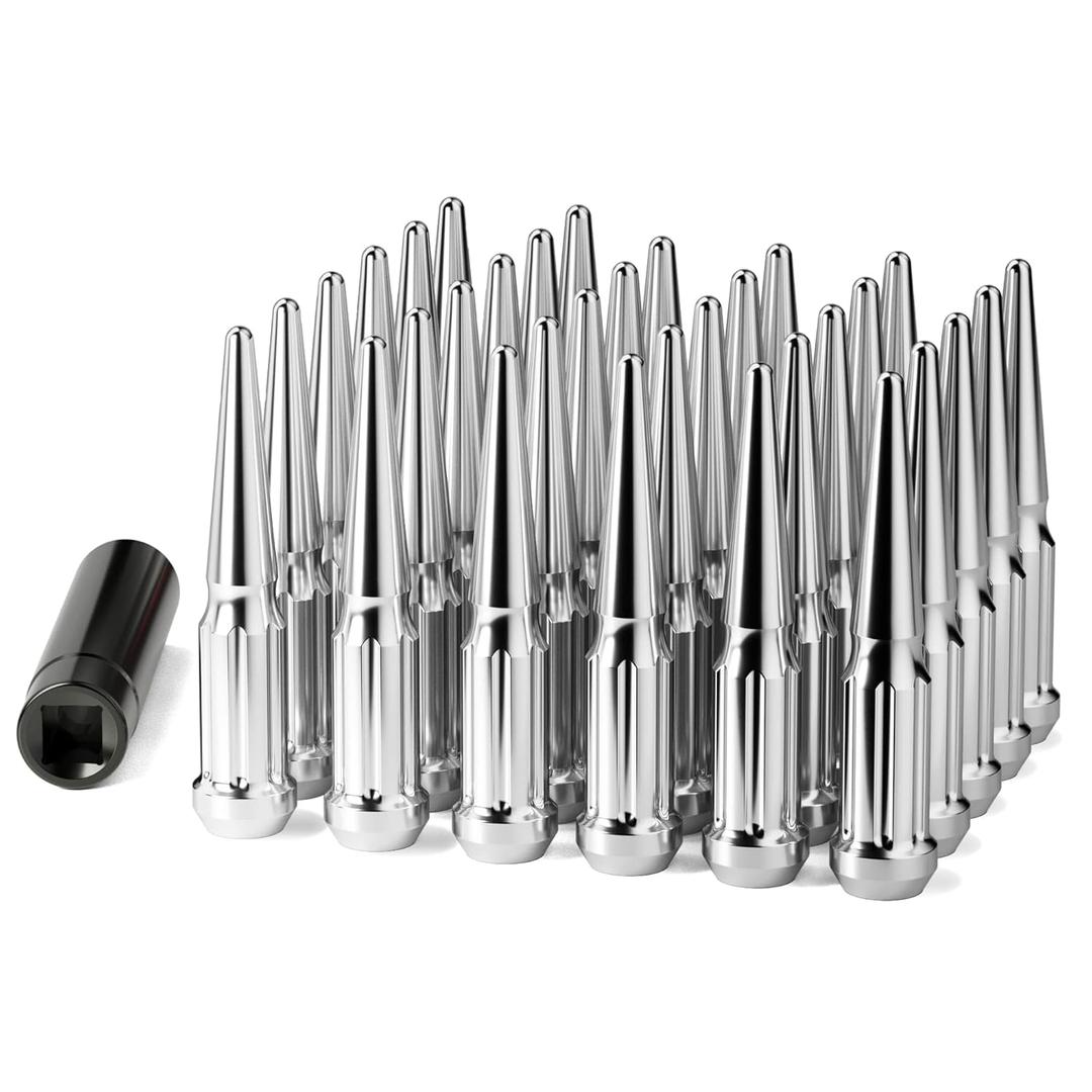 M14x1.5 Spike Lug Nuts, Set of 32 Chrome Spline Spiked Lug Nut with Key for Chevy Silverado 2500hd 3500hd GMC Sierra Yukon Dodge Ram 2500 3500 Ford F250 F350, 14x1.5 Acorn Solid Metal Truck LugNut