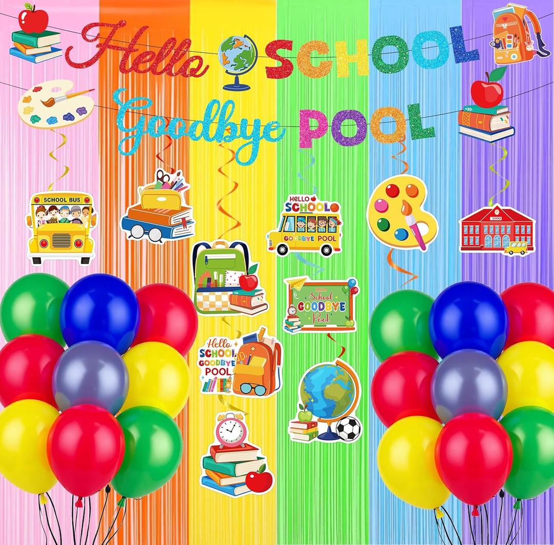Welcome Back to School Decorations, Hello School Goodbye Pool Banner and Hanging Swirls Foil Fringe Curtain Balloons, First Day of School Classroom Home Party Decor Supplies