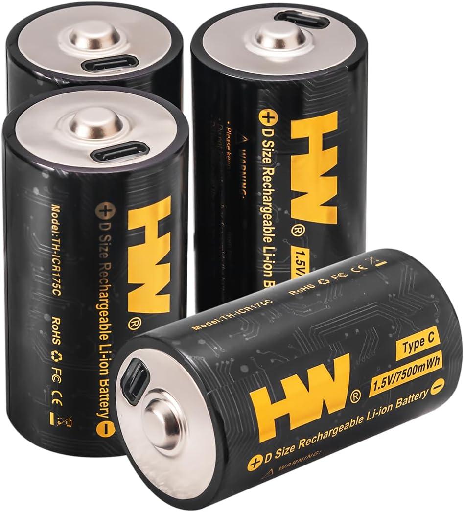 HW Rechargeable D Batteries 4 Pack, 7500mWh Long Lasting Lithium D Cell Batteries, 4 in 1 USB-C Charge Cable Fast Charger, Over 1000 Cycles Lithium Batteries Size D for Flashlight,Camping Light