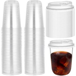 Foxtell 100 Pcs 16 Oz Clear Plastic Cups with Strawless Sip Lids Disposable Round Bottom Togo Cups for Iced Coffee Smoothie Beverage Cold Drinks Disposable Iced Coffee Cups for Party Catering BBQ