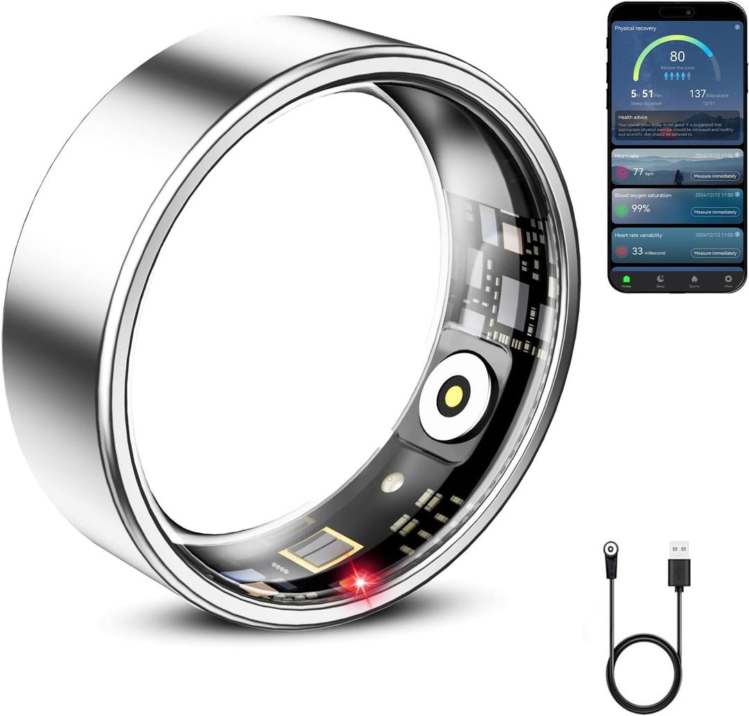 Mirlray Smart Ring for Women & Men, Smart Ring Health Tracker, Blood Oxygen & Heart Rate Monitor, Long Lasting Battery Sleep Ring, Waterproof Fitness Ring (Silver, 7)