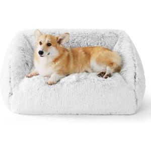 Lesure Dog Bed Medium Size - Cute Furry Calming Puppy Beds, Rectangle Washable Indoor Pet Beds with Removable Zipper Cover, 35x25x11inches, Grey (Large)