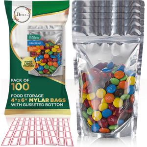 BELLE KR 4x6 Mylar Bags for Freeze Dried Candy - Pack Of 100-7.5mil Thick - 1/2 Pint Stand Up Small Clear Mylar Bags with See Through Window for Freeze Drying - Labels Included