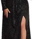 Plus Size Women Long Sleeve Formal Dress V Neck Slit Sequin Long Dress Cocktail Party Dress L