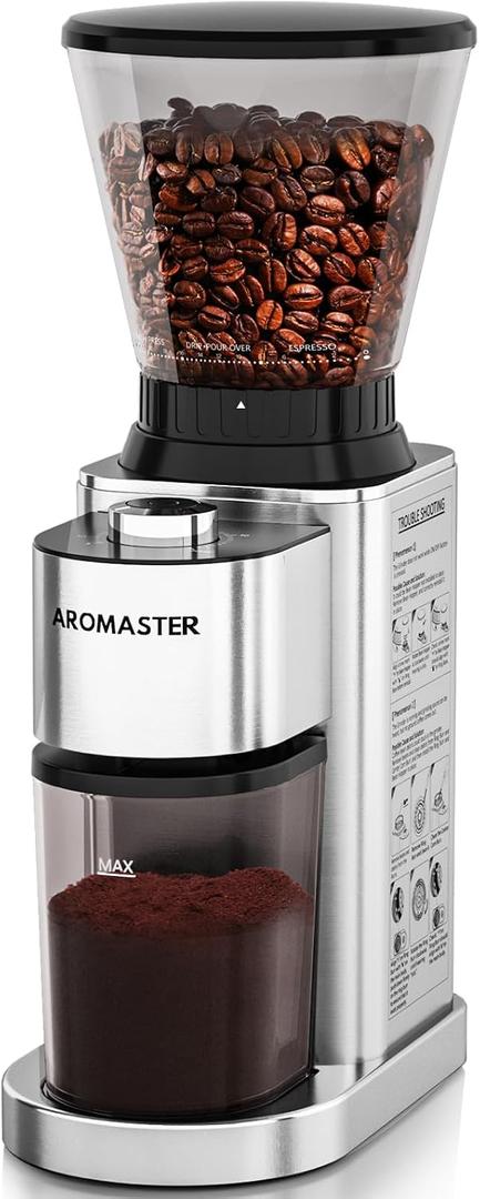 Aromaster Conical Coffee Bean Grinder, 48 Settings, Anti-Static, Sliver | Stainless Steel, 40S Adjustable Timer, Removable Burr, Brush for Easy Cleaning, for Espresso French Press Home Use, Quiet