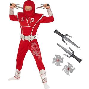 Morph Deluxe Boys Ninja Costume With Ninjas Warrior Toy Accessory, Kids Ninja Costumes, Boy Halloween Costume (Medium 7-9 years, Red)