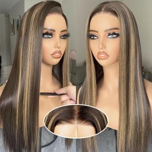 BLL Highlight Wig, Synthetic Pre Plucked Pre Cut 6x4.5 Lace Front Wigs for Black Women 26inch 4/30 Brown Blonde Highlights Honey Brown Straight Wigs Beginner Friendly