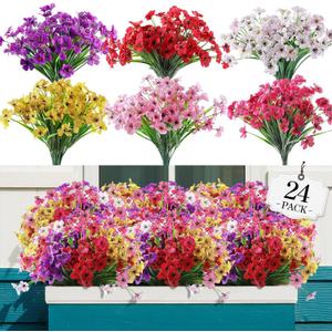 24 Bundles Artificial Flowers for Outdoor,No Fade Fake Plastic Flowers Faux Plants for Decoration Hanging Planters Indoor Outside Garden Porch Window Box Home Wedding Farmhouse (Mix 6 Colors)