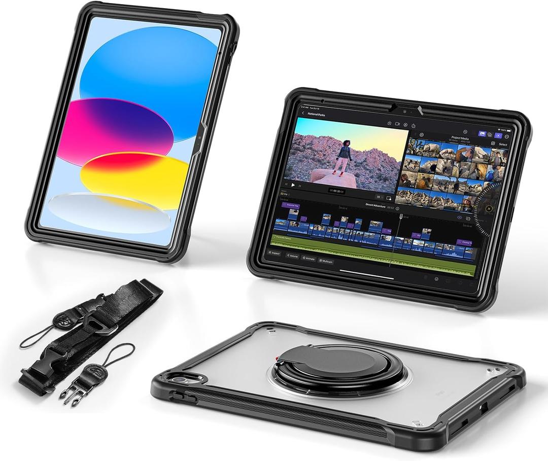 BATYUE Case for iPad (A16) 11th/10th Gen 11''/10.9'' 2025/2022 | Matte Frosted Shockproof Protective Cover with 360 Rotating & 180 Folding Stand, Shoulder Strap & Pencil Holder | Black