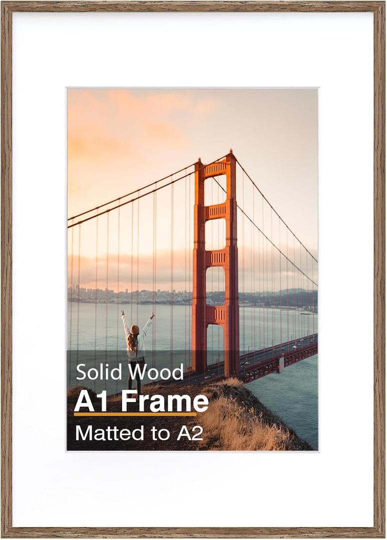 A1 Picture Frame, Rustic Brown Solid Wood Frame with Acrylic Plexiglass for Pictures A2 with Mat or A1 without Mat, Wall Mounting Display Photo Frame 1 Pack